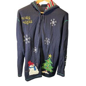 Karen Scott Navy Blue Hooded Winter Holiday Decorated Full Zip Jacket Sz 2X